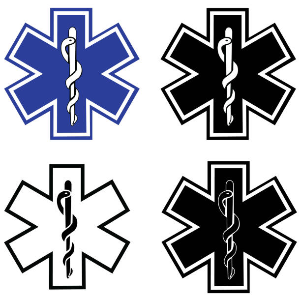 ilustrações, clipart, desenhos animados e ícones de logo médico ambulância estrela da vida. símbolo da ambulância. ícone emt star of life. sinal de farmácia de medicamentos. estilo plano. - estilo de vida