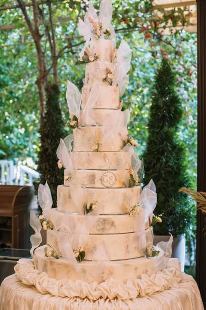istock Delectable multi-layered white cake surrounded by lush green foliage in a tranquil outdoor setting. 1693493835