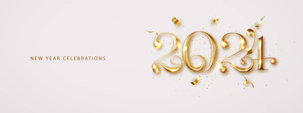 ilustrações de stock, clip art, desenhos animados e ícones de gold 2024 happy new year elegant long banner with falling confetti on bright background. 2024 golden 3d number, elegant christmas design. - colors streamer backgrounds congratulating