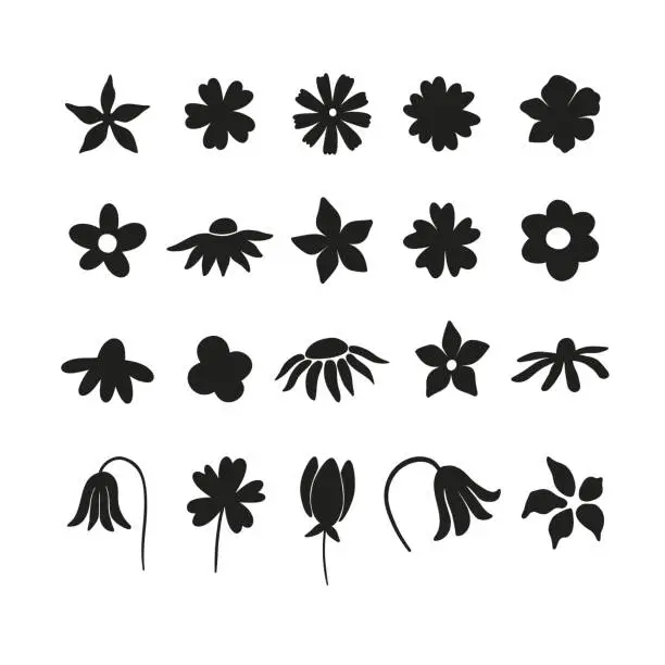 Vector illustration of Modern abstract floral shapes isolated on white. Vector flower doodles. Vector botanical floral silhouette. 1916