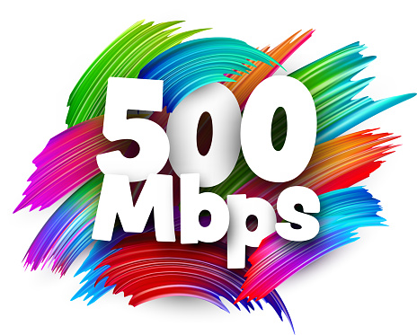 500 Mbps paper word sign with colorful spectrum paint brush strokes over white. Vector illustration.