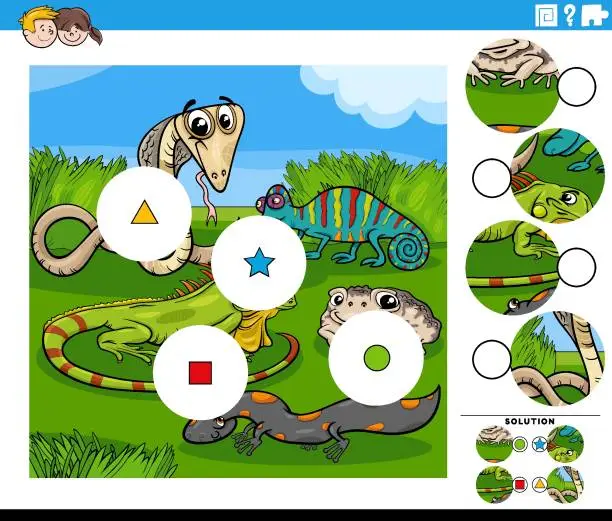 Vector illustration of match pieces game with cartoon reptiles and amphibians animals