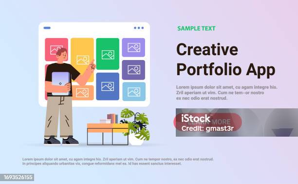 Portfolio Design Background Computer Man Using Creative Portfolio App On Computer Screen Visual Design ...