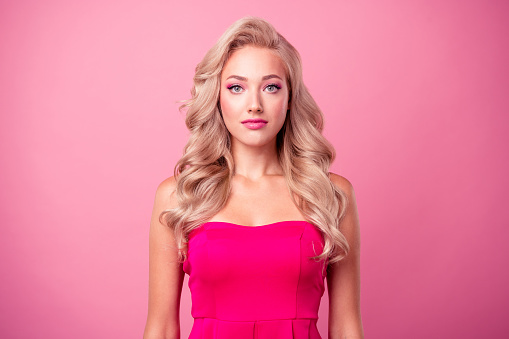 Photo of adorable cute woman wavy hairdo dressed fashionable outfit isolated on pink color background.