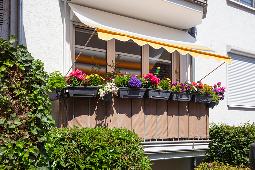 Balcony with flower boxes, White modern apartment house, apartment house, Bremen, Germany