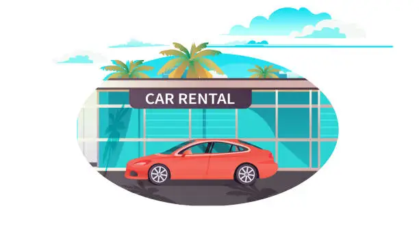 Vector illustration of vehicle over dealership center showroom building car rental concept