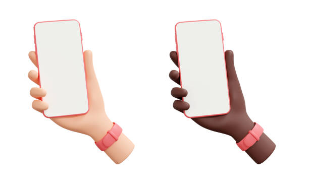 istock Hand holding mobile phone 3d render illustration set - human hand with telephone with empty screen. 1693551825
