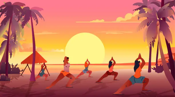 Vector illustration of women doing yoga exercises on tropical beach sunset seascape background summer vacation time to travel concept