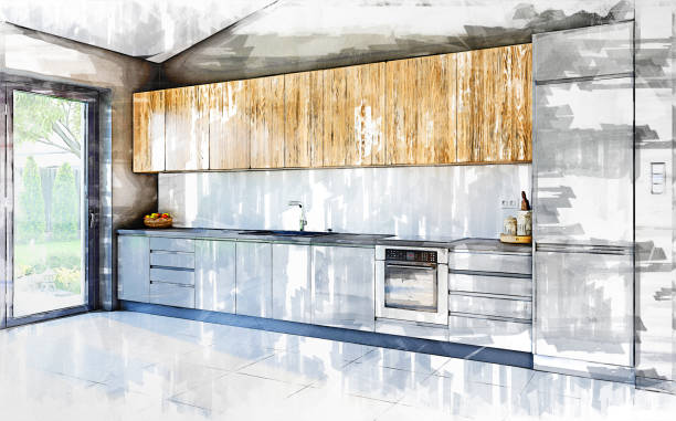 istock Sketch with markers effect on a 3D render of a modern gray and hardwood kitchen with windows on a side 1693557028