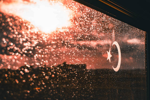 Turkish flag on the rainy window