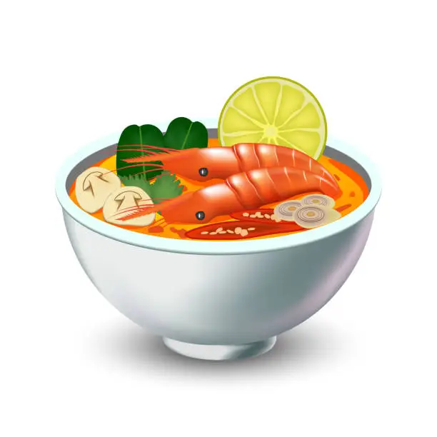 Vector illustration of Tom Yum Kung curry in white bowl on a white background.