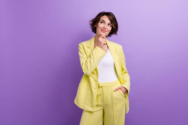 istock Photo of intellectual financial ceo touch chin thinking looking empty space genius eureka idea isolated on violet color background 1693575897