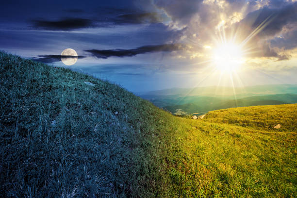 istock green grass on hillside meadow in high mountains under the cloudy blue sky with sun and moon at twilight 1693578053