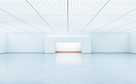 A close-up of an empty, large gallery/showroom interior with empty white walls, and an illuminated central niche on gray cement tile floor. Large ceiling industrial construction and illuminated by ceiling lights. 3D rendered image.