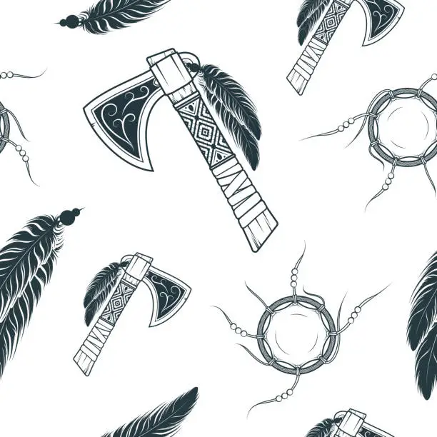 Vector illustration of Tomahawk and feathers seamless pattern. Hand drawn Native American Indians icons in boho style for textile design, background and wrapping paper.