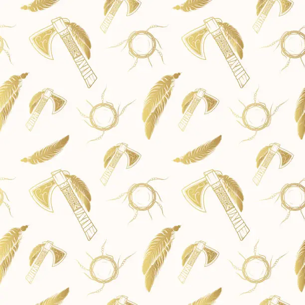 Vector illustration of Golden tomahawk and feathers seamless pattern.  Hand drawn Native American Indian symbols in boho style for textile design, background, wrapping paper.
