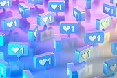 Like Icon Social Media Notification with Speech Bubble on Neon Lighting Background, Blue pink yellow colors