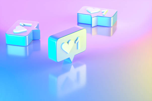 istock Like Icon Social Media Notification with Speech Bubble on Neon Lighting Background, Blue pink yellow colors 1693586022