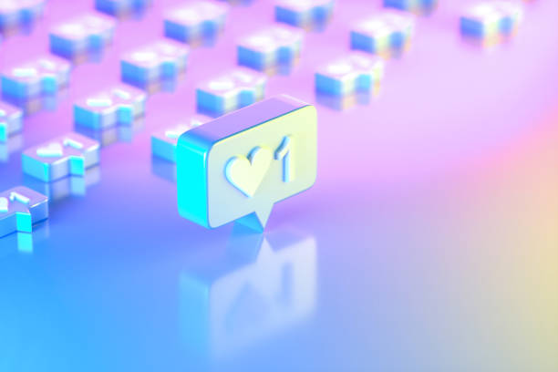 istock Like Icon Social Media Notification with Speech Bubble on Neon Lighting Background, Blue pink yellow colors 1693586088