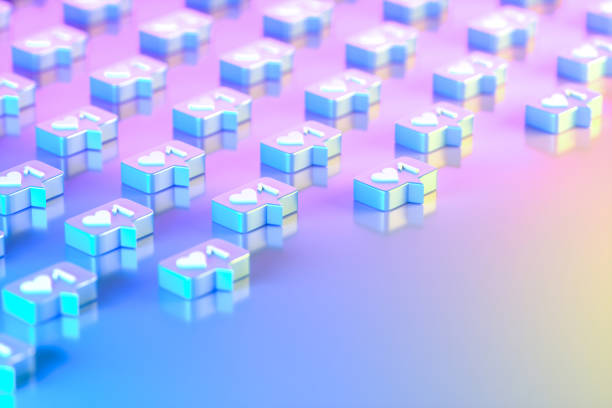 istock Like Icon Social Media Notification with Speech Bubble on Neon Lighting Background, Blue pink yellow colors 1693586126