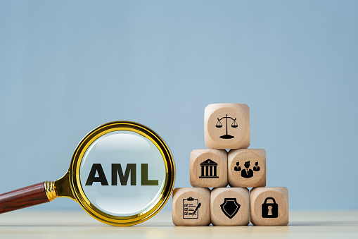 Wooden word block AML on the white background with glasses and magnifier. AML Anti Money Laundering Financial Bank Business Technology Concept