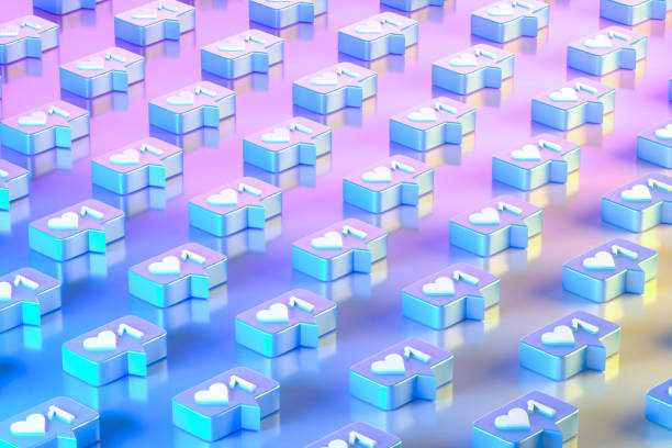 istock Like Icon Social Media Notification with Speech Bubble on Neon Lighting Background, Blue pink yellow colors 1693586212