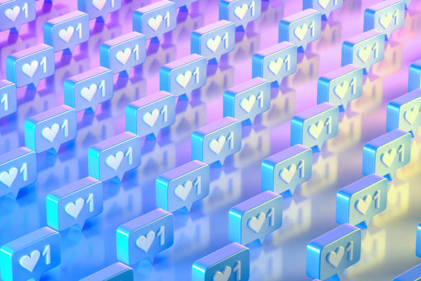 istock Like Icon Social Media Notification with Speech Bubble on Neon Lighting Background, Blue pink yellow colors 1693586269