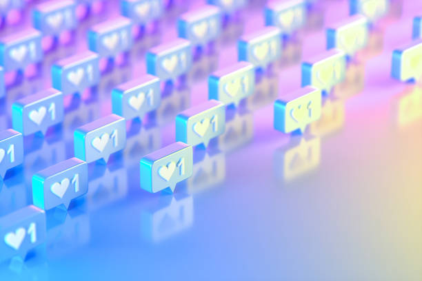 Like Icon Social Media Notification with Speech Bubble on Neon Lighting Background, Blue pink yellow colors. Digitally generated image.