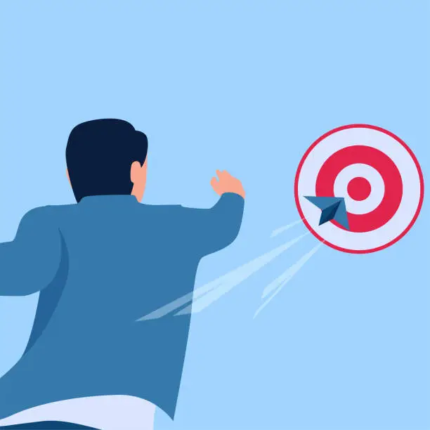 Vector illustration of people throwing paper planes towards a target, metaphor of hitting the target