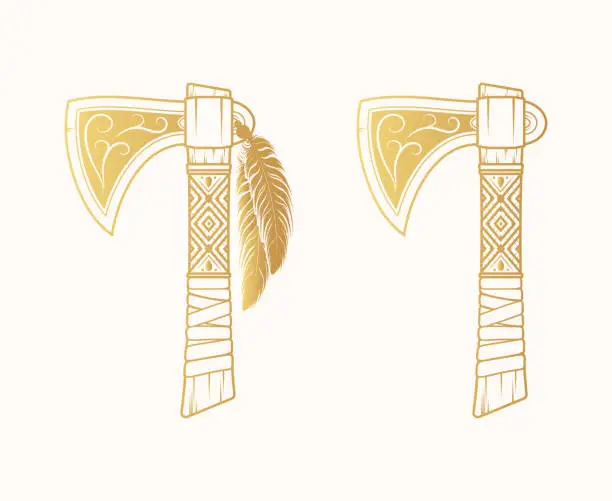 Vector illustration of Two Indian tomahawks  isolated on a white background. Vector ethnic design elements can be used for printing on t-shirts, covers and web design.