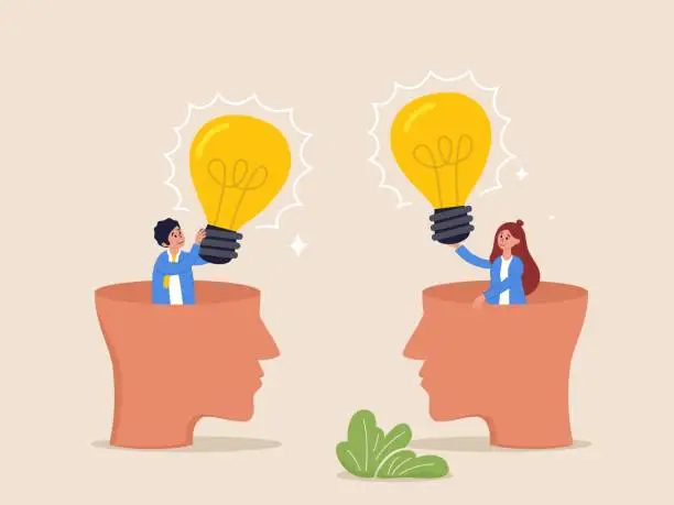 Vector illustration of Creativity and innovation concept. Exchange idea from brainstorm, knowledge. Businessman open from human brain head to exchange business lightbulb ideas. Flat vector illustration.