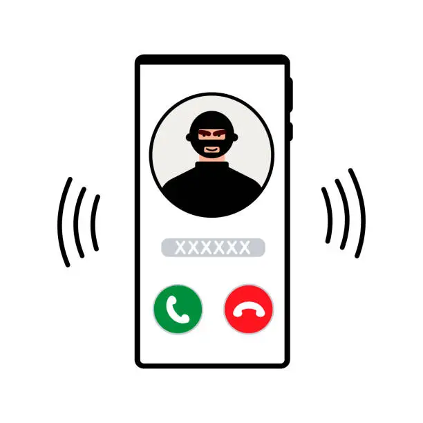 Vector illustration of Fraud phone call. A telephone fraudster deceives and steals money and cards through smartphone calls. Thief, hacker and criminal are calling. vector illustration