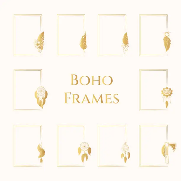 Vector illustration of Golden set of 10 rectangular boho style frames with feathers, arrows and dream catchers. Hand drawn decorative collection for greeting cards, invitations and covers.