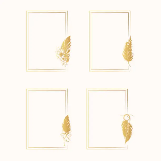 Vector illustration of Four golden rectangular boho style frames  with decorative feathers. Hand drawn vector illustration for invitations, covers and greeting cards.