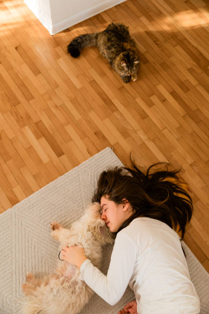 istock Girls lying on the floor and playing with her pets 1693621221