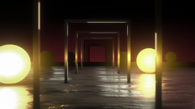 3D golden corridor with glow spheres