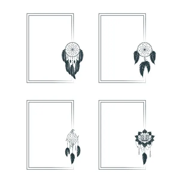 Vector illustration of Four  rectangular frames in boho style with dream catchers. Hand drawn vector collection for invitations, covers and greeting cards.
