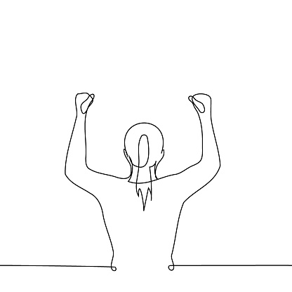 woman fan silhouette from the back stands with her fists raised - one line art vector. female fanaticism, female fan