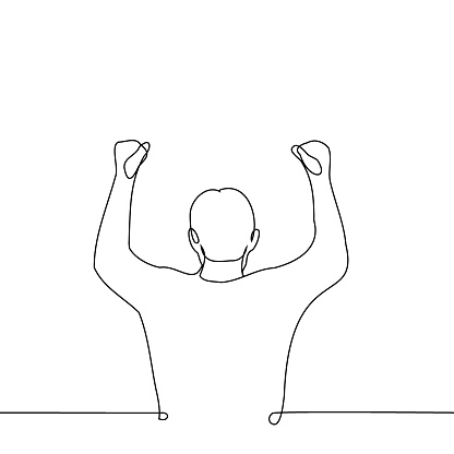 male fan silhouette from the back standing with his fists raised - one line art vector. concept of male fanaticism, male fan