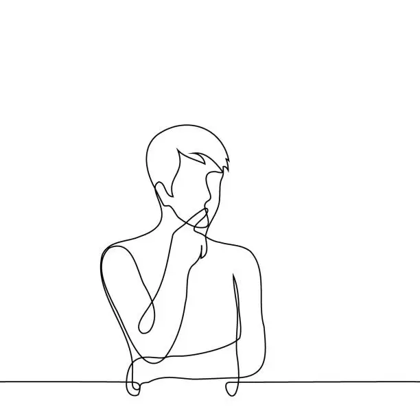 Vector illustration of man stands with crossed arms putting index finger to lips - one line art vector. concept skepticism, distrust, reflection, analyze, brainstorming