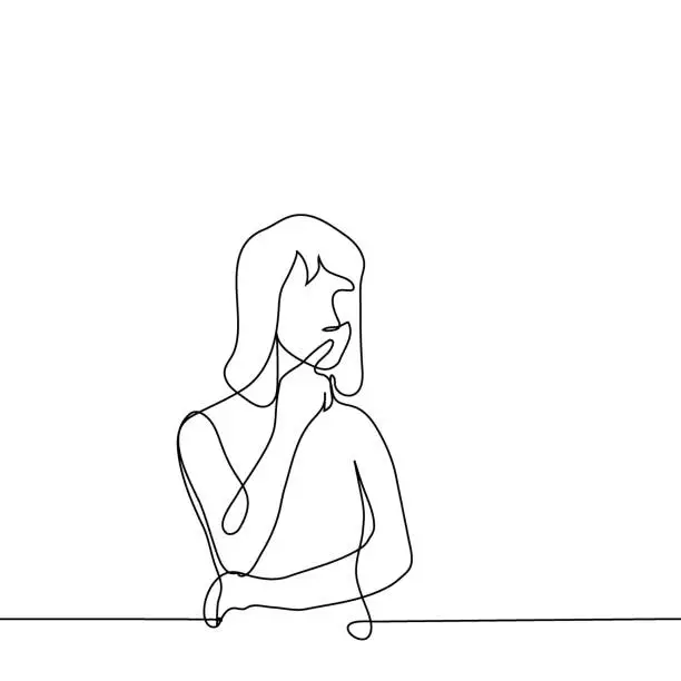 Vector illustration of woman stands with crossed arms putting index finger to lips - one line art vector. concept skepticism, distrust, reflection, analyze, brainstorming