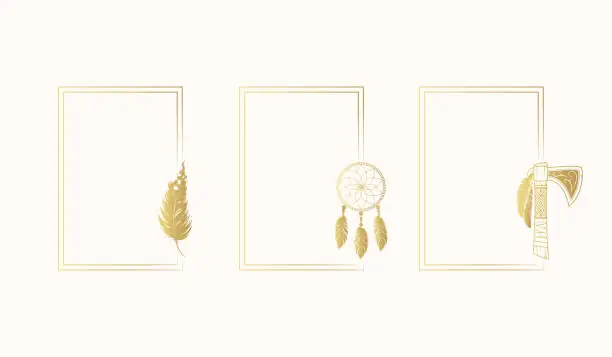 Vector illustration of Three rectangular boho style frames  with dream catchers and  feathers. Golden hand drawn vector illustration for invitations, covers and greeting cards.