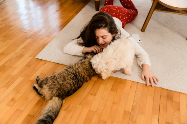 istock Girls lying on the floor and playing with her pets 1693627647