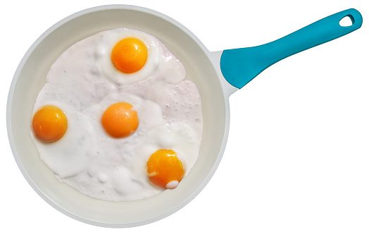 Traditional gourmet breakfast or brunch, couple of Sunny side up fried eggs, done in the new, modern, heavy duty, non-stick blue and white bicolored wok frying pan, with non-slip handle and ceramic coated inner surface, viewing point - directly above, isolated on white background, high resolution stock photo.