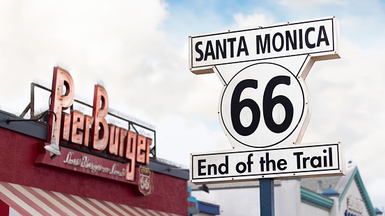 A big Road 66 sign in Santa Monica indicating the end of trail.