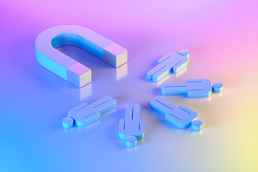 Magnet with Group of People on Neon Lighting Background, Blue Pink Yellow Colors. Digitally generated image.