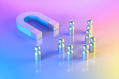 Magnet with Group of Pawn People on Neon Lighting Background, Blue Pink Yellow Colors