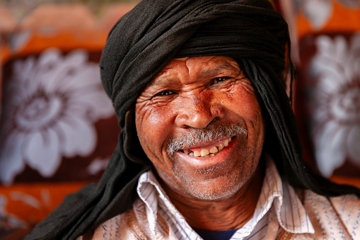 Portrait of senior Moroccan man in oasis near Ouarzazate, Morocco