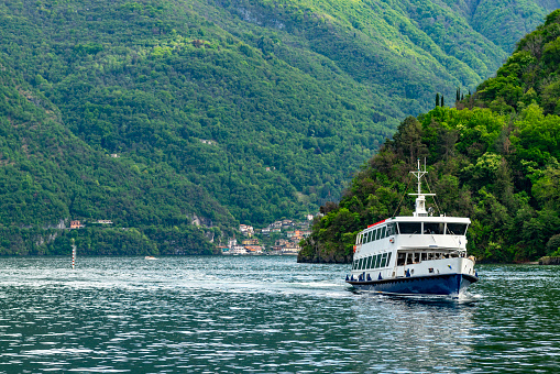 Como and ferry on Lake Como, Lombardy, Italy