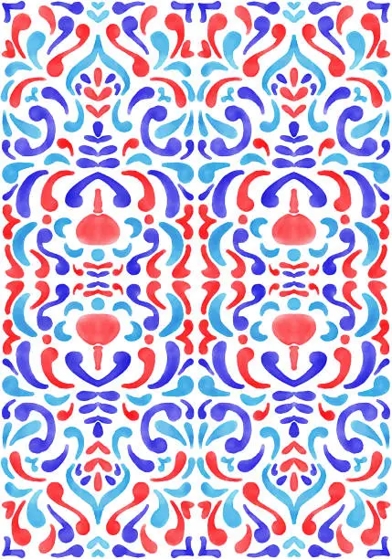 Vector illustration of Blue, Red and Turquoise Colored Portuguese Azulejo Seamless Pattern. Moroccan Ceramic Tile. Vector Lisbon Arabic Floral Mosaic, Mediterranean Ornament.